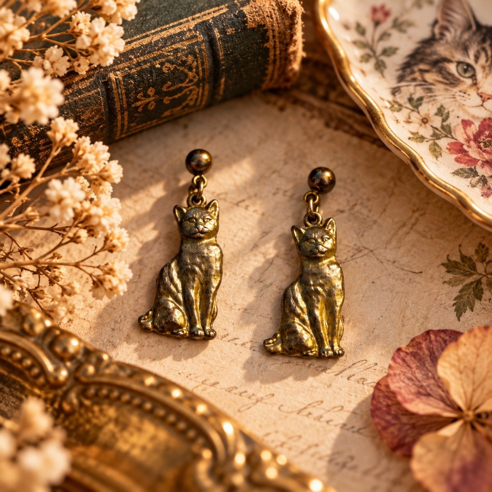 Vintage Gold Tone Cat Drop Earrings Seated Feline Dangle Ball Post Jewelry